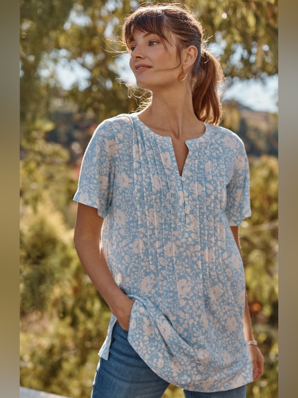 J.Jill Linen Blend Flutter Sleeve Tunic Fresh Blue Polished Botanical S NWT